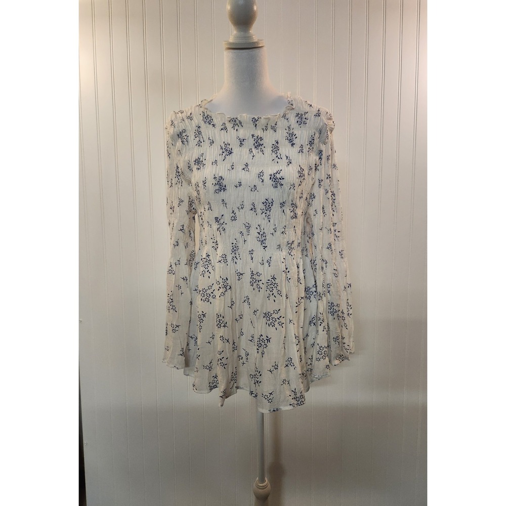 Adiva Women's White Floral Smock Bodice Bell Sleeve Long Peasant Top Size XL